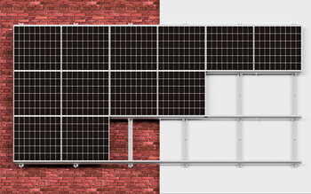 [Translate to Englisch:] Ein Photovoltaik Fassaden Montagesystem an einer Mauerwerksfassade und einer Betonfassade.